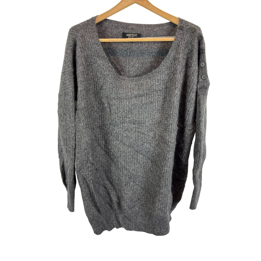 All Saints Pullover Sweater Knit Relaxed Button Accent Scoop Neck Gray US 10